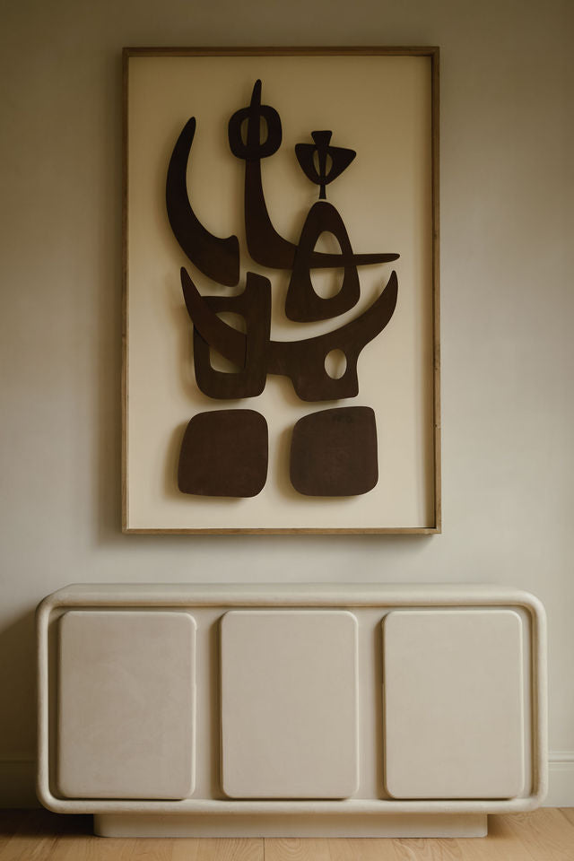 Sculptural MAIE sideboard in Clay Duvet with three rounded cabinet fronts, curved edges and a subtly grained surface.