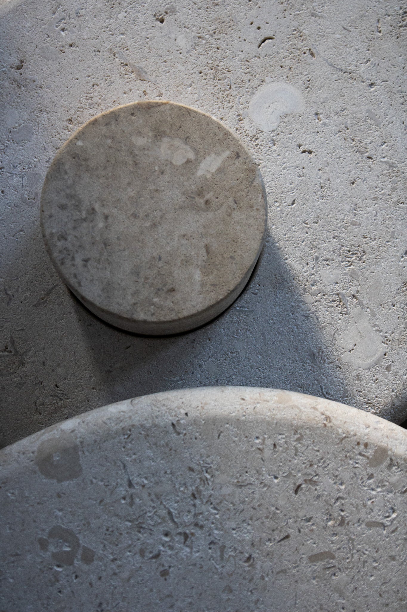 Close-up of the honed Limestone Portland Side Table top, with fossil-like inclusions and subtle grey-beige tonal variation.