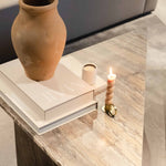 Travertino Marrone coffee table with natural linear veining, styled with a terracotta vase, books and a lit candle.
Copy alt text